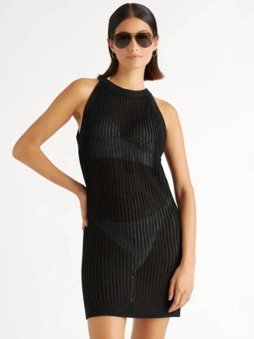 QUINCE BLACK OPEN KNIT HIGH NECK ORGANIC COTTON SWIM COVER-UP MINI DRESS NEW SzM